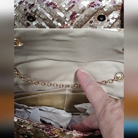 NWT Nicole Miller Gold Sequin Chain Strap Crossbody Small Bag - Picture 8 of 9